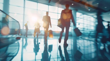 People walking in a modern airport - The image depicts travelers on the move in a sunlit modern airport setting with sleek architectural details