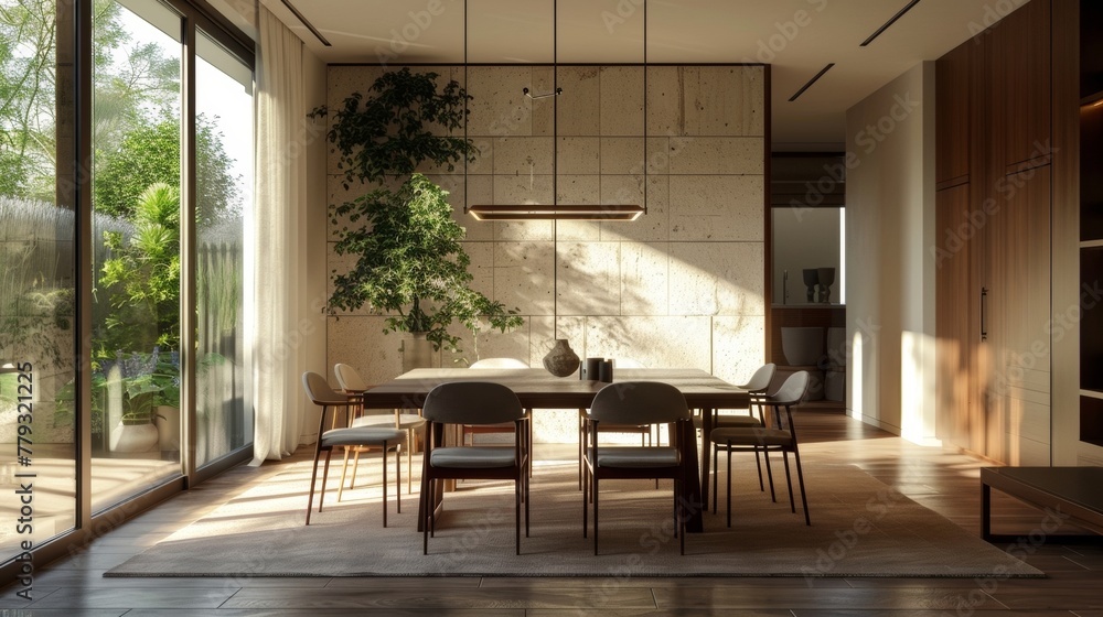 Poster a dining room with a neutral color palette is given a pop of color and texture with the installation