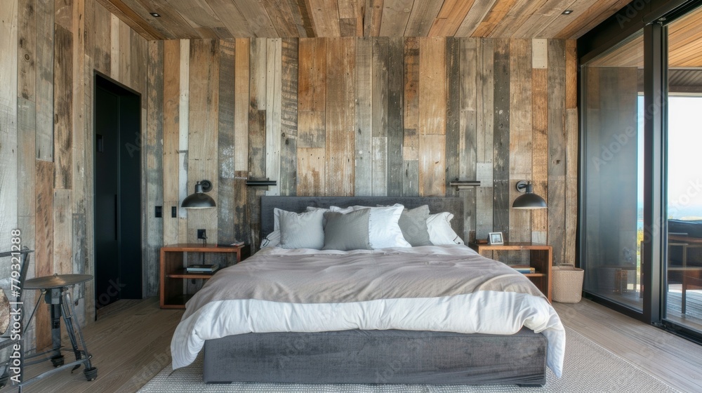 Poster the bedroom boasts a weathered wood feature wall that extends onto the ceiling creating a dramatic f