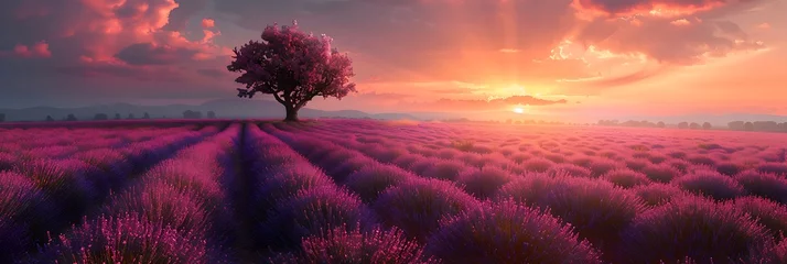 Foto op Plexiglas A picturesque lavender field under a pastel sunset, with a solitary tree in the background. © forall