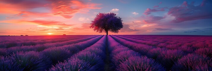 A picturesque lavender field under a pastel sunset, with a solitary tree in the background. - obrazy, fototapety, plakaty
