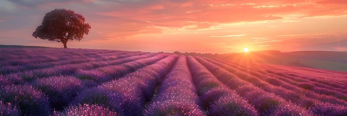 A picturesque lavender field under a pastel sunset, with a solitary tree in the background. - obrazy, fototapety, plakaty