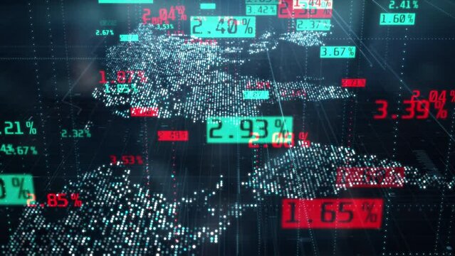 Forex trade with digital world map. Financial trading prices. Global finance exchange index concept. Cryptocurrency or stock market chart and data. Bitcoin BTC and ethereum ETH background