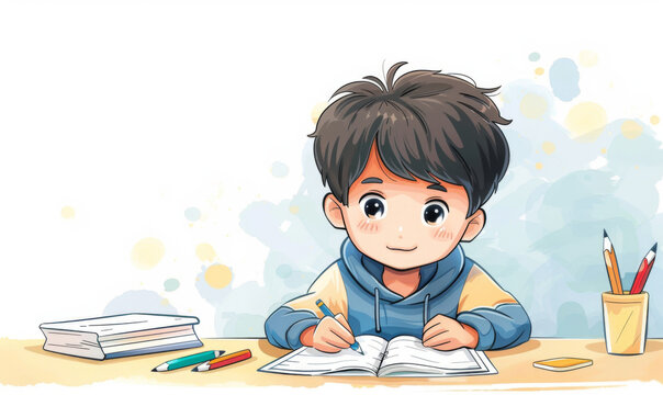 Illustration of a young boy deeply focused on writing in his notebook, with educational tools and a dreamy background.