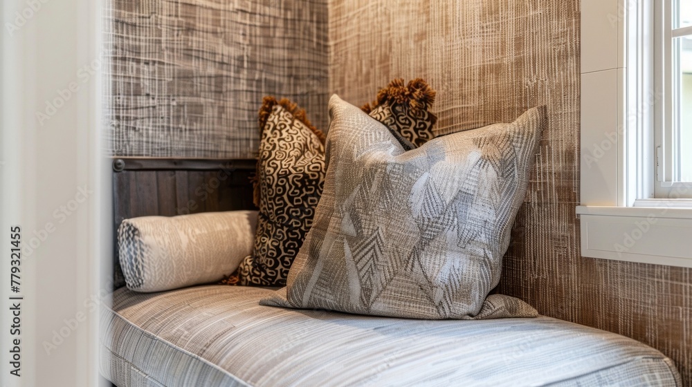 Poster the cozy nook in the corner of the room is given an industrial twist with a wall covered in a textur