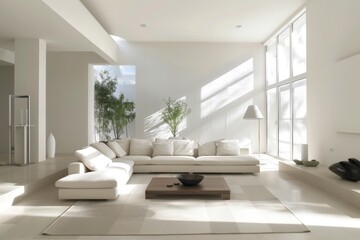 Fototapeta na wymiar Minimalist living room design with large windows and white couches.
