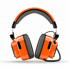 A pair of orange and black industrial protective earmuffs isolated on a white background.