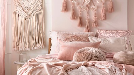 Delicate monochromatic tassel wall hangings in shades of blush pink and copper adorn the walls of a chic feminine bedroom bringing a cozy and inviting element to the sleek and polished .