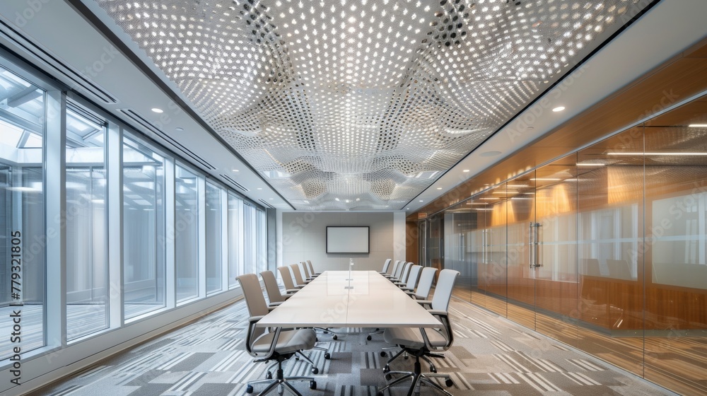 Poster a conference room within the warehouse boasts a unique ceiling design created entirely with the text