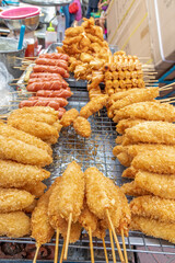Fried street food on a stall in Chinatown, Bangkok, Thailand