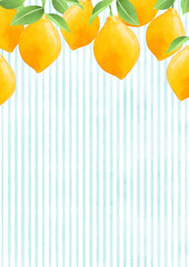 シンプルなレモンの果実と青いストライプ柄の背景