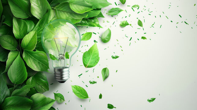 A clear light bulb encased in lush green leaves represents green energy and ecological innovation on a white background.