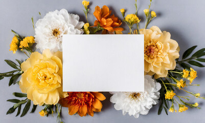 Beautiful Mock up composition of top view blank white sheet of paper with a frame of flowers. Mockup background with flower bouquet, blooming plants and empty space for text. Generative AI