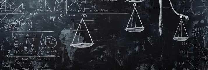 Chalkboard full of scientific equations and diagrams - This image displays a blackboard covered with complex scientific equations, diagrams, and a scale, symbolizing education and scientific research - obrazy, fototapety, plakaty