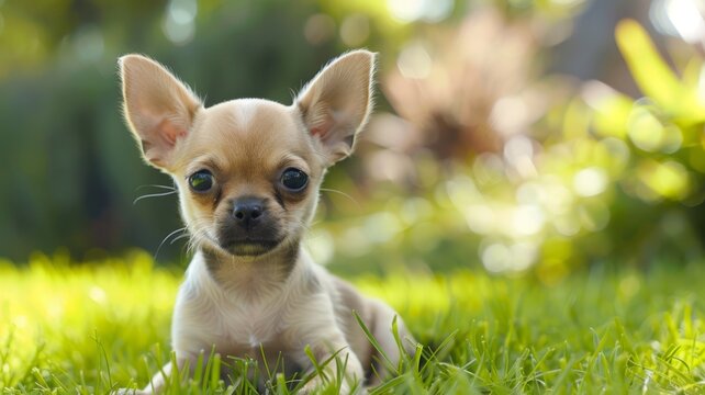 Cute Chihuahua pup lying down on grass - This heartwarming image captures a tiny Chihuahua puppy lying down on the grass, gazing with innocence