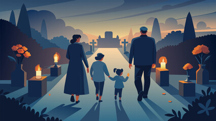 As night falls families make their way to the cemetery carrying glowing candles and armfuls of marigolds to decorate the graves of their loved