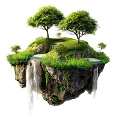 3D illustration Flying land with beautiful landscape, green grass and waterfalls mountains, floating forest island, isolated on white background, png