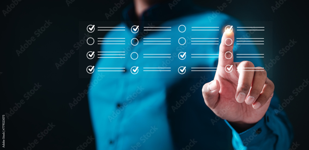Poster answer, checkbox, decision, option, plan, questionnaire, checkmark, approval, checklist, survey. a m