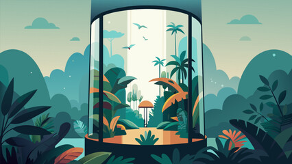 A tall cylindrical terrarium showcases a lush tropical jungle with towering palm trees and vibrant blooming flowers. The intricate vines and