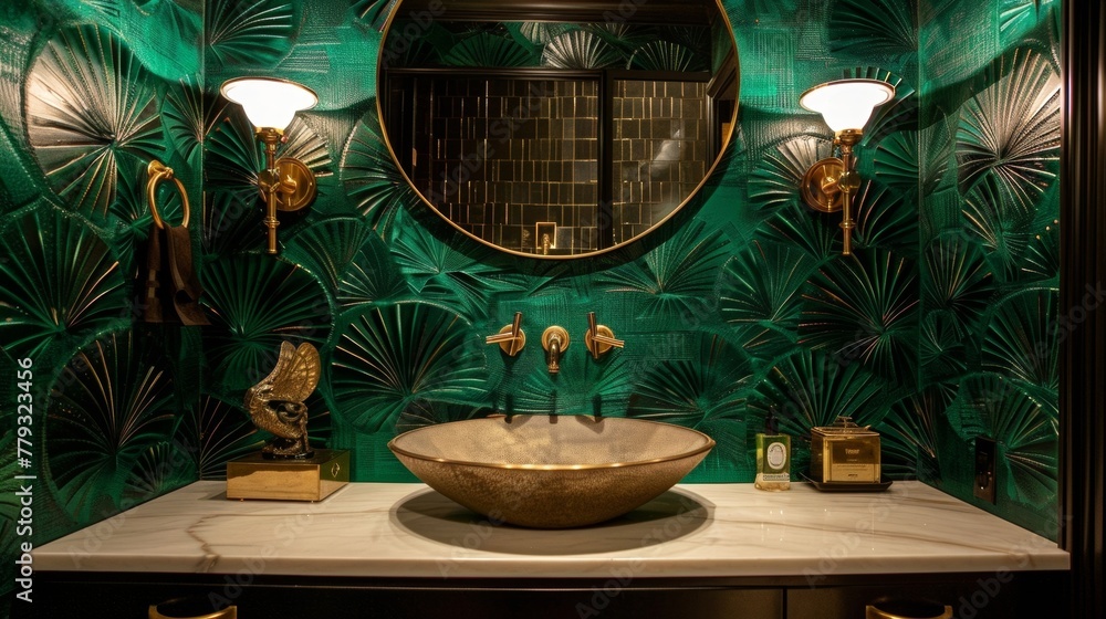 Poster a powder room is transformed into a jewel box with the application of a deep emerald green textured 