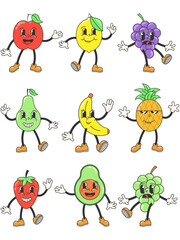 Groovy Fruits Set. Funny Retro Vintage Trendy Style Fruits Cartoon Character. Doodle Collection