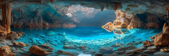 A sprawling underground cave filled with stalactites and stalagmites, and a clear blue underground lake. 