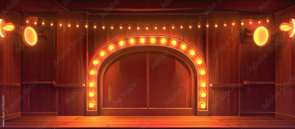 Poster the building featured an amber stage with a red curtain and lights, creating a symmetrical rectangle