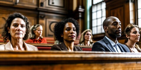 Members of a jury in a courtroom, diverse individuals focused and attentive, embodying the civic duty and gravity of legal proceedings.