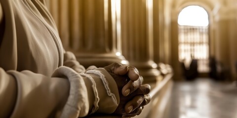 Praying hands clasped together in a church aisle, invoking a sense of peace and piety in a serene, light-filled religious sanctuary. - obrazy, fototapety, plakaty