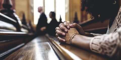A close-up of clasped hands on a church pew during a service, evoking a moment of prayer and reflection in a communal worship setting. - obrazy, fototapety, plakaty
