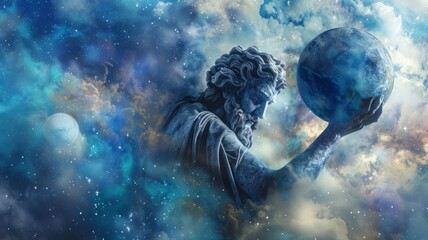 Statue holding the world amidst cosmic backdrop - A classical statue cradles the Earth against a cosmic backdrop, representing themes of power, creation, and the universal scale of existence - obrazy, fototapety, plakaty