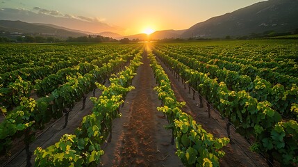 A sprawling vineyard at sunset, with rows of grapevines stretching toward the horizon
