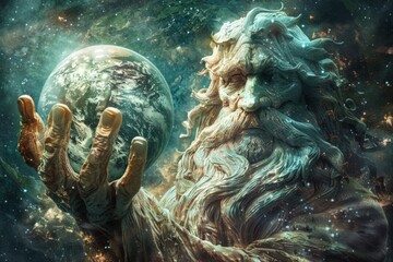 Mythical deity cradling the Earth - A powerful image of a mythical god-like figure holding the planet Earth with a protective and caring gesture against a cosmic backdrop