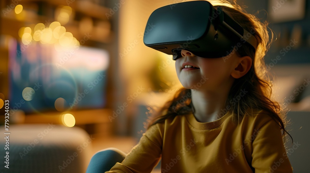 Poster a close-up of a child playing a virtual reality game, focus on their joyful expression and the vr he