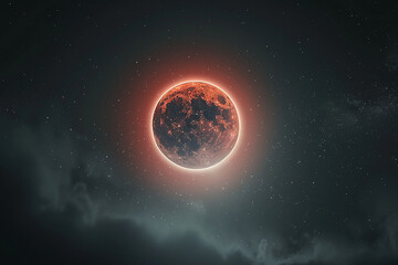 A blood-red moon centered in a pitch-black sky, light diffraction creating a halo effect - Generative AI