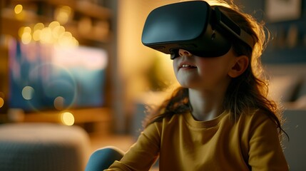 A close-up of a child playing a virtual reality game, focus on their joyful expression and the VR headset Soft, warm lighting and a cozy room setting, AI Generative