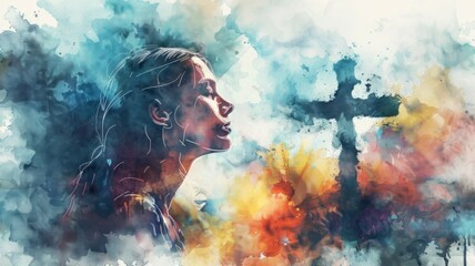 Abstract watercolor portrait of a woman - A woman's side profile is captured in a vibrant explosion of abstract watercolor splashes, conveying emotion