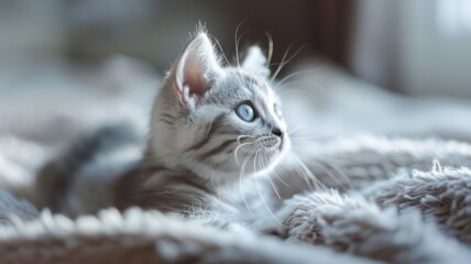 Cute kitten gazing with curious eyes - Adorable grey kitten lying comfortably, looking up with big, curious blue eyes