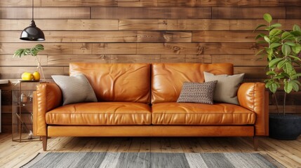 A sleek leather sofa is situated against one wall providing a cozy spot for reading or taking a break from work. Its buttery brown color adds warmth to the room while also offering . - obrazy, fototapety, plakaty