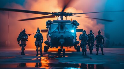 a military chopper with a special ops unit with black tactical gear in front of it, dramatic lighting, blue and orange tone, ultra high definition, AI Generative