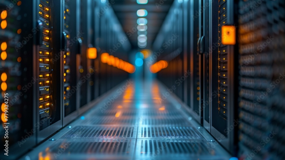 Poster color photo of a data center with large computer racks, ai generative
