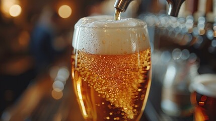 Frothy beer being poured, bubbles cascading in a glass, close-up on the effervescent curve, a toast to camaraderie, AI Generative