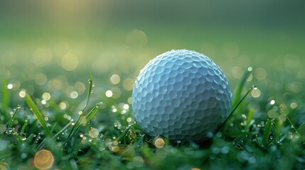 Gleaming golf ball, perfection on dewy green, morning's first light, ethereal, fresh ambiance, shadows playfully dance, AI Generative - obrazy, fototapety, plakaty