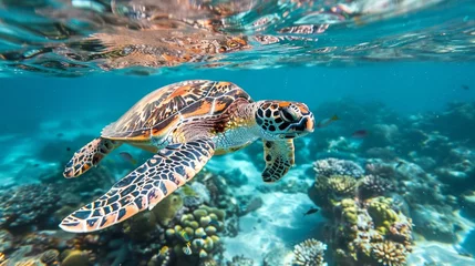 Poster Hawksbill Sea Turtle gliding through the clear waters of the Indian Ocean, AI Generative © sorapop