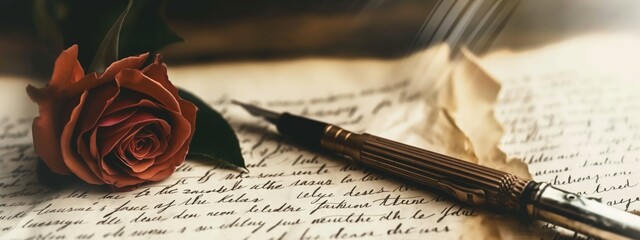 Rose on handwritten letters with a classic fountain pen, a symbol of timeless communication.
