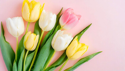 bouquet of tulips. Isolated on a light pastel background. background with flower bouquet and empty space for text. Generative AI