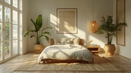 Interior design rendering, minimalism at its core, with a central mock-up poster, 3D illustration of a serene, AI Generative