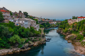 Fototapeta premium Sunrise aerial view of the old town of Mostar, Bosnia and Herzegovina