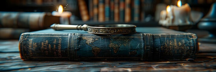 A stack of antique books with a brass magnifying glass on top, on an old wooden desk lit by candlelight