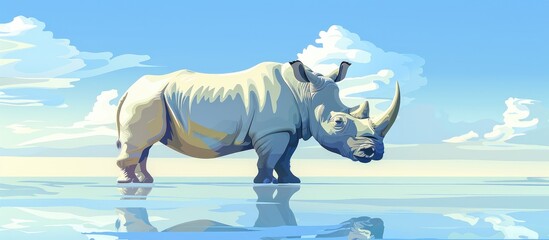 A rhinoceros is standing in the water with its reflection, surrounded by a natural landscape. The sky and clouds are reflected in the tranquil water, creating a serene and artistic scene